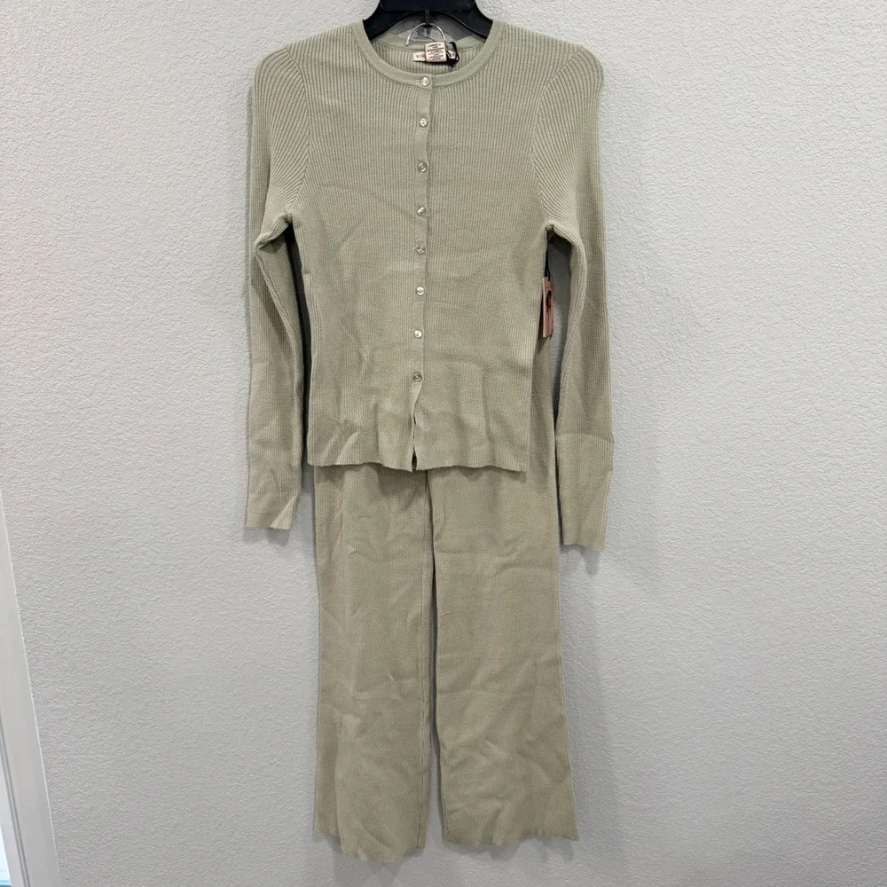 NEW‎ Sincerely Jules Womens S 2 Piece Ribbed Knit Cardigan Wide Leg Pants Set
